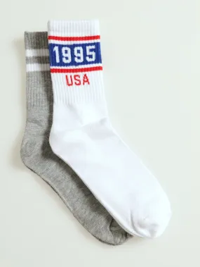 2 Pack Crew Skate Socks - White/Grey