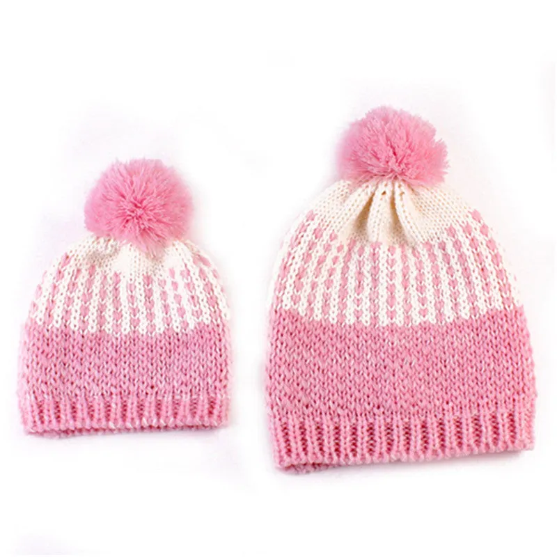 2Pcs 5 Colors Mother Baby Crochet Hats Toddler Kids Boys Girls Knitted Beanie Hat Children Adult Warm Pompon Caps SM6