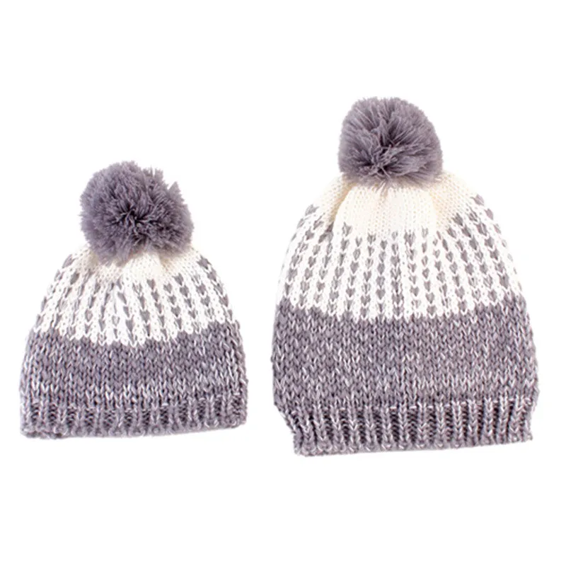 2Pcs 5 Colors Mother Baby Crochet Hats Toddler Kids Boys Girls Knitted Beanie Hat Children Adult Warm Pompon Caps SM6