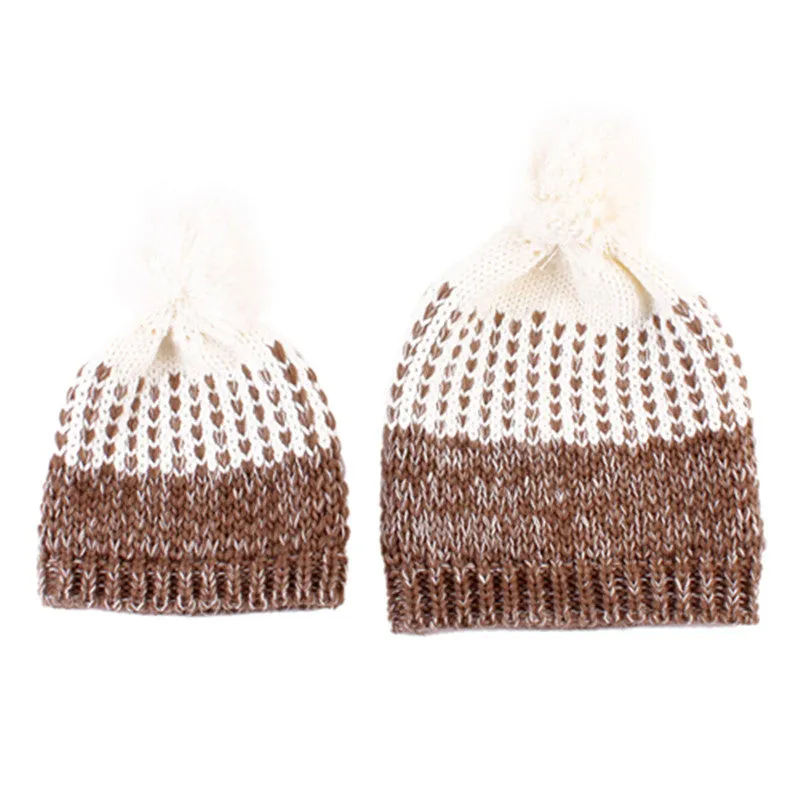 2Pcs 5 Colors Mother Baby Crochet Hats Toddler Kids Boys Girls Knitted Beanie Hat Children Adult Warm Pompon Caps SM6