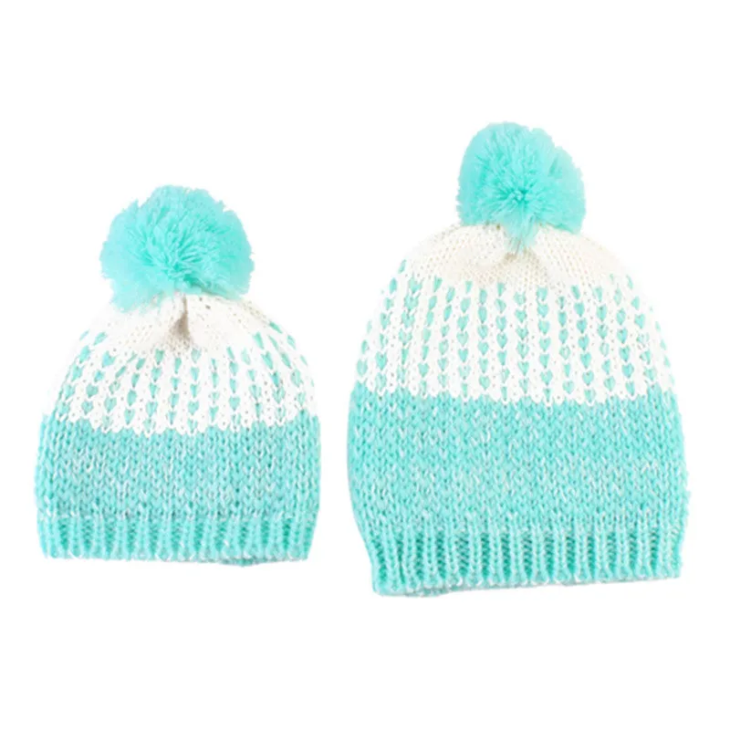 2Pcs 5 Colors Mother Baby Crochet Hats Toddler Kids Boys Girls Knitted Beanie Hat Children Adult Warm Pompon Caps SM6