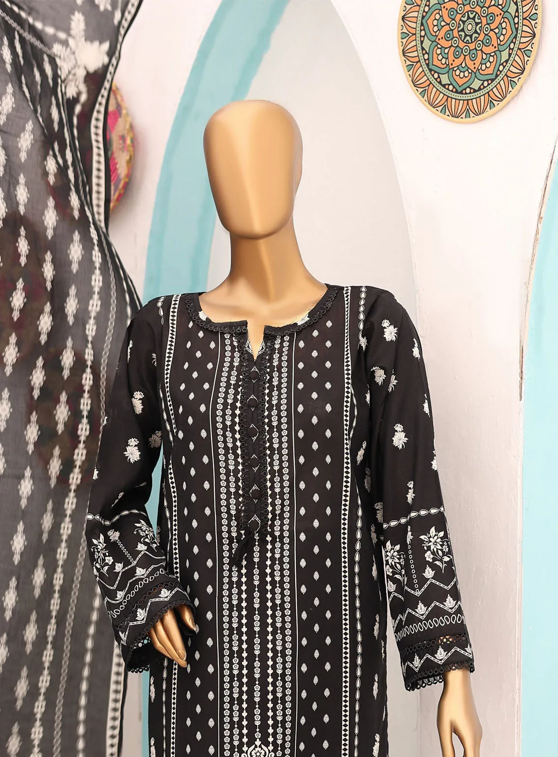 Bin Saeed Black & White Lawn 3 Piece Stitched Suit - BS24BWL BS-02