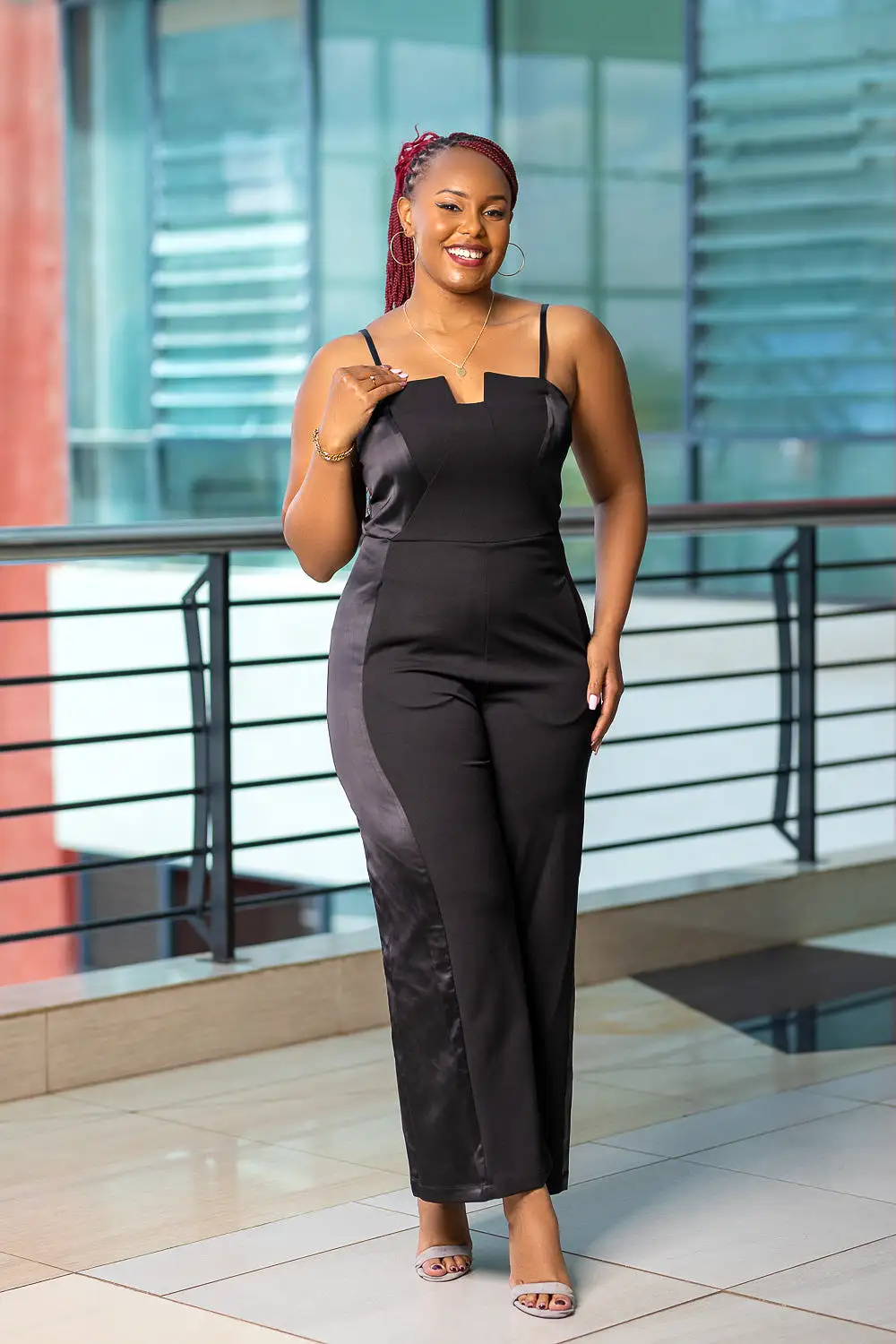 Black satin strappy jumpsuit