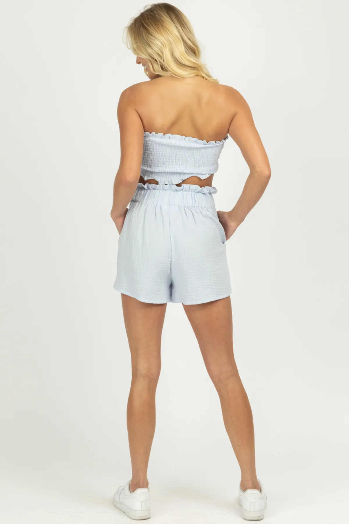 BLUE GAUZE SMOCK CROP + SHORTS SET