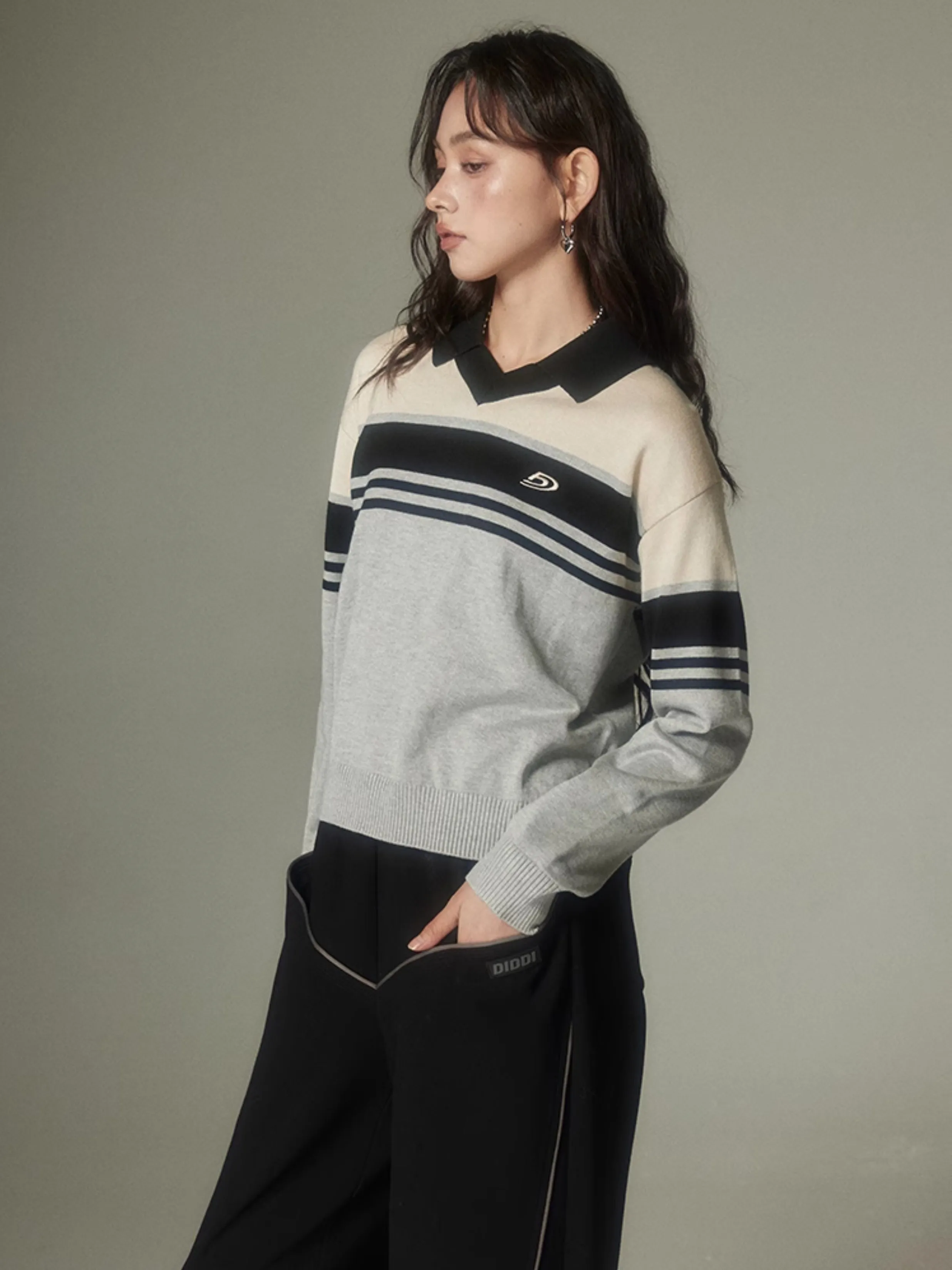 College Style Polo Collar Contrast Border Top