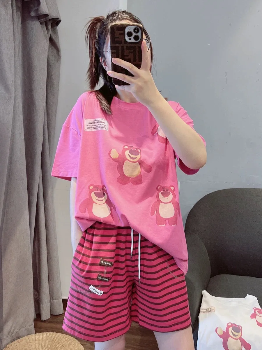 Cute cartoon bear pure cotton pajamas for women summer 2023 new short-sleeved casual home wear set can be worn outside