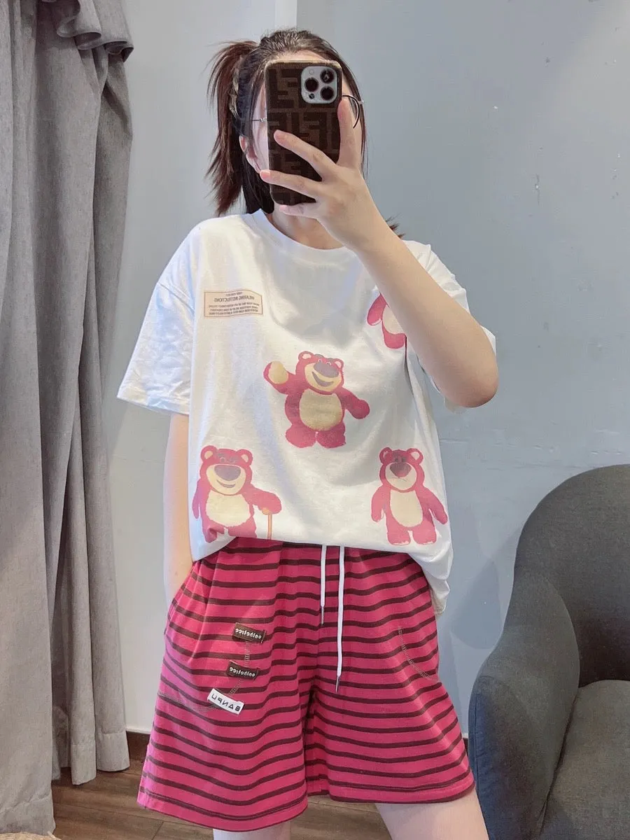 Cute cartoon bear pure cotton pajamas for women summer 2023 new short-sleeved casual home wear set can be worn outside