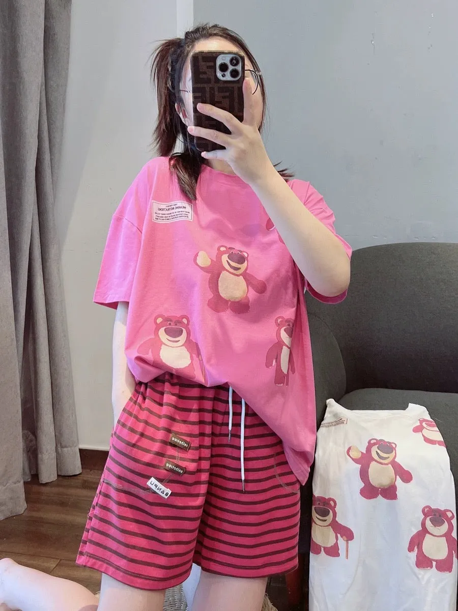 Cute cartoon bear pure cotton pajamas for women summer 2023 new short-sleeved casual home wear set can be worn outside