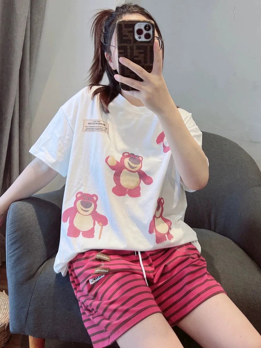 Cute cartoon bear pure cotton pajamas for women summer 2023 new short-sleeved casual home wear set can be worn outside