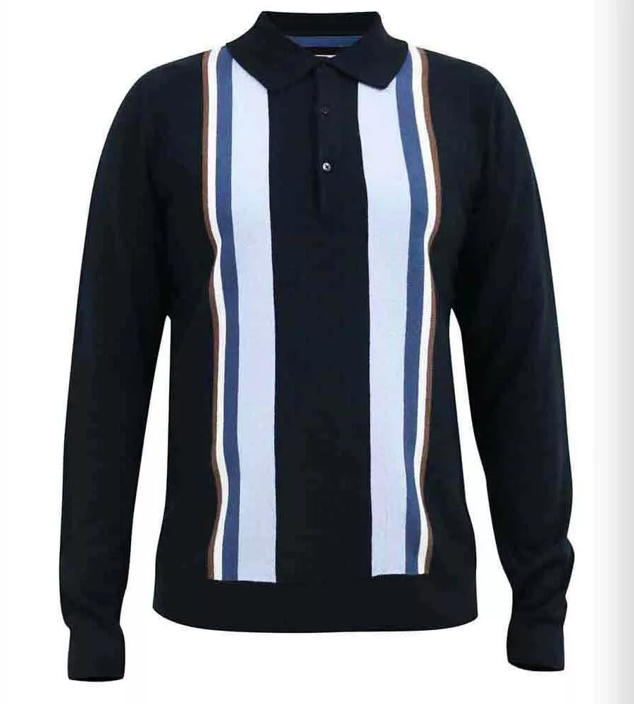 D555 Big Mens Long Sleeve Knitted Polo With Stripes (DARLEY)