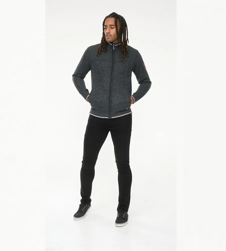 D555 Mens Charcoal Knitted Zip Through Sweater With  Lining (ABERDARE 2)