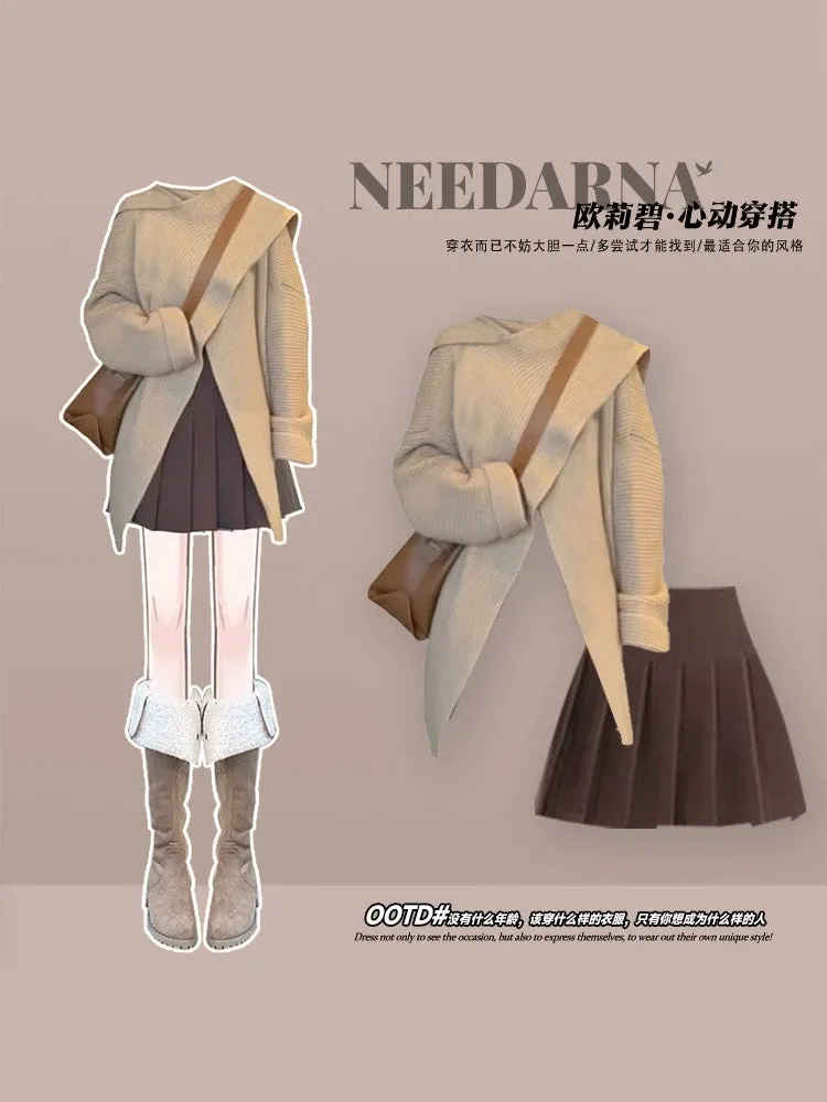 Early autumn Korean style atmosphere wear design irregular sweater long sleeve dress high-end temperament suit skirt