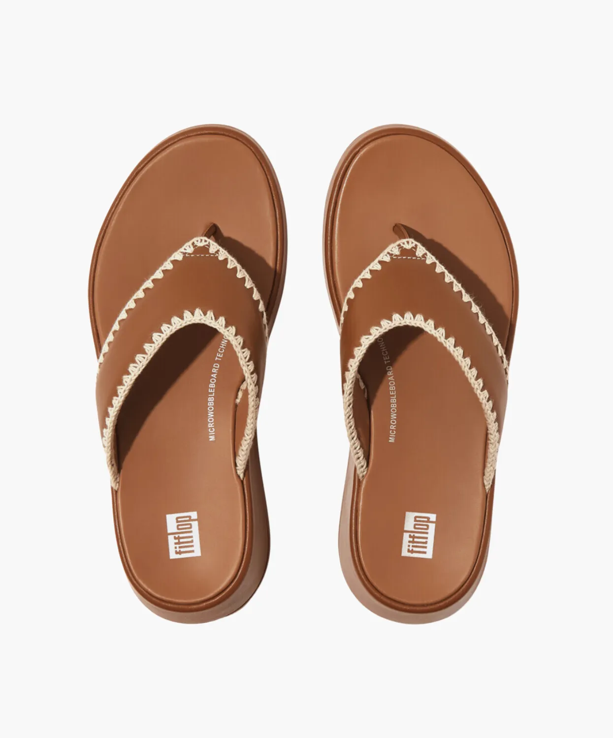 FitFlop F-mode Crochet-Stitch Leather Flatform Toe-Thongs Tan