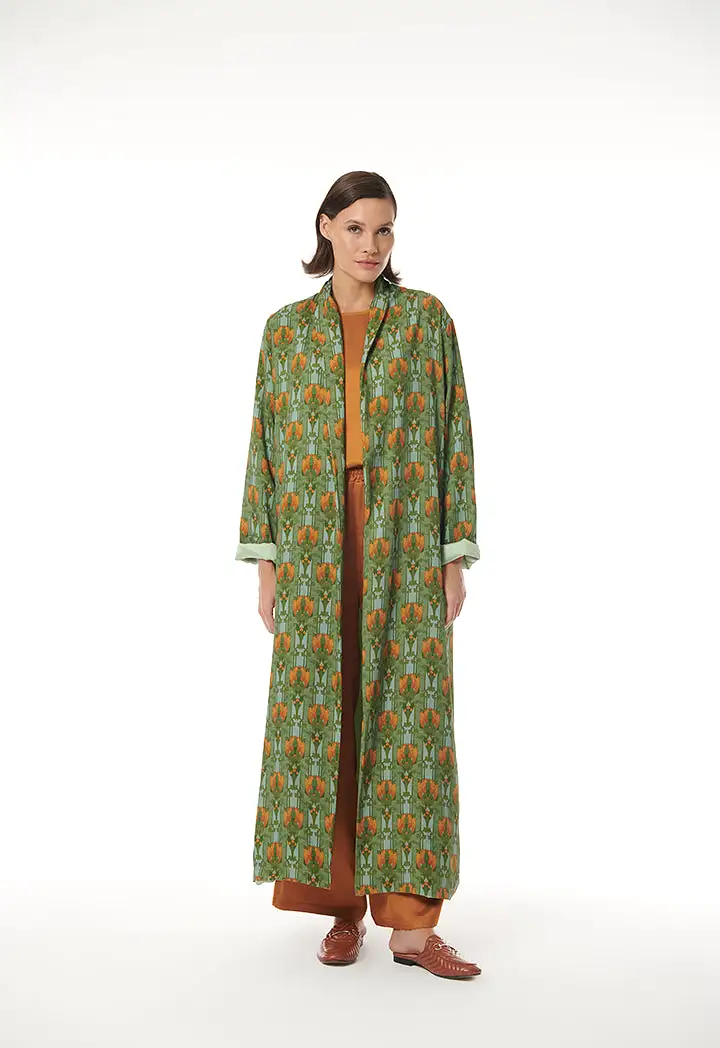 Flower and Leaf Printed Maxi Open Abaya