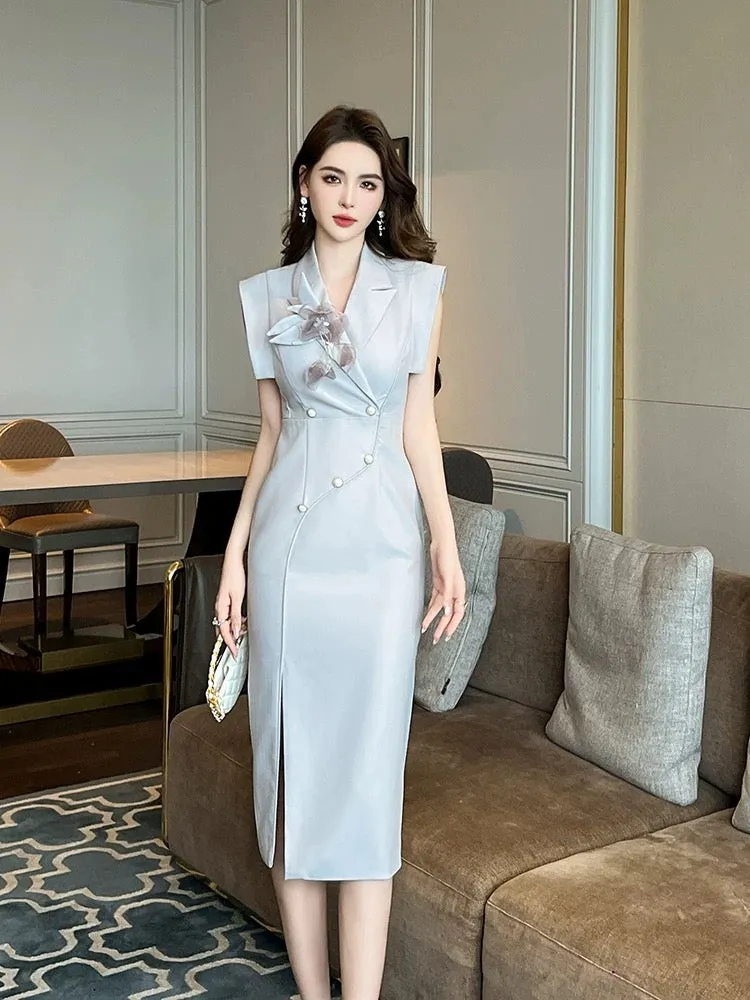 French high-end socialite temperament fashion suit dress women's summer high-end slim slim sleeveless gray skirt