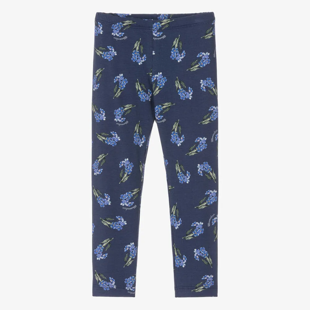 Girls Navy Blue Floral Cotton Leggings