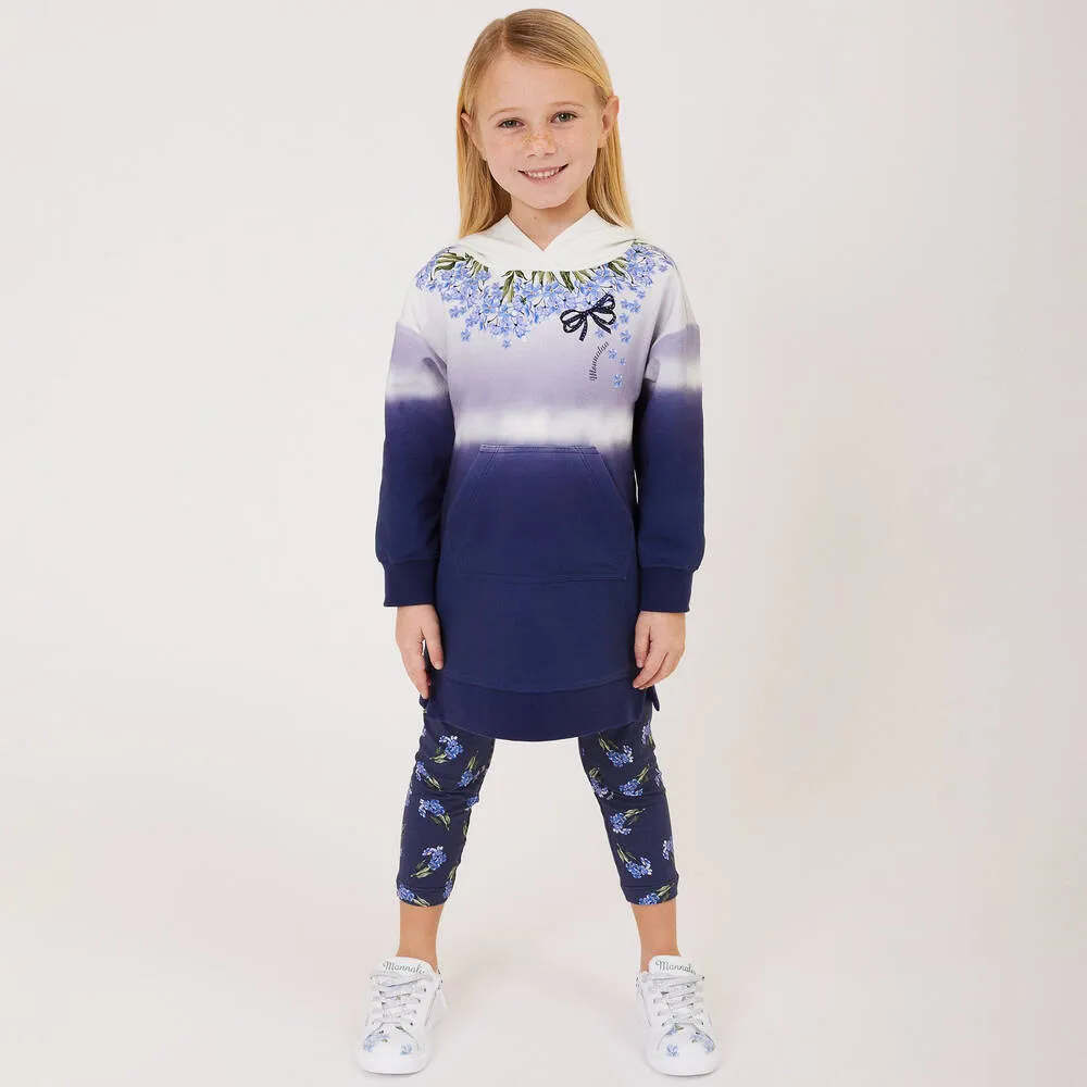 Girls Navy Blue Floral Cotton Leggings