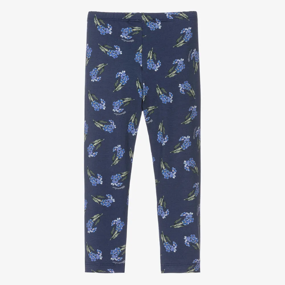 Girls Navy Blue Floral Cotton Leggings