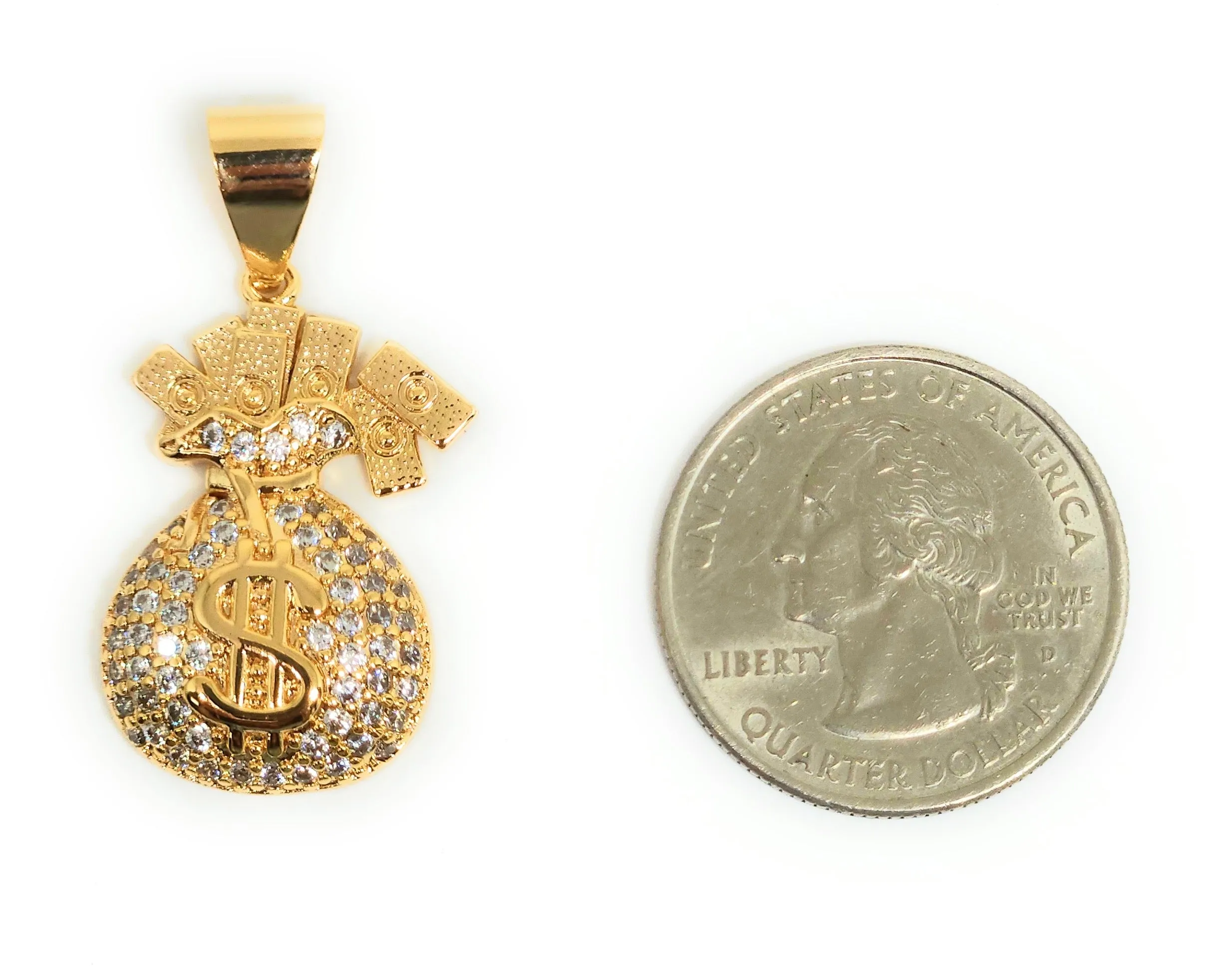 Gold Plated Iced Out CZ MONEY BAG BILLS Pendant 24 FIGARO Chain