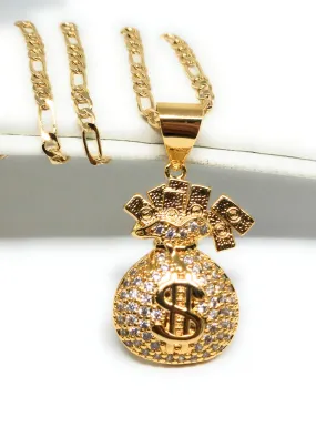 Gold Plated Iced Out CZ MONEY BAG BILLS Pendant 24 FIGARO Chain