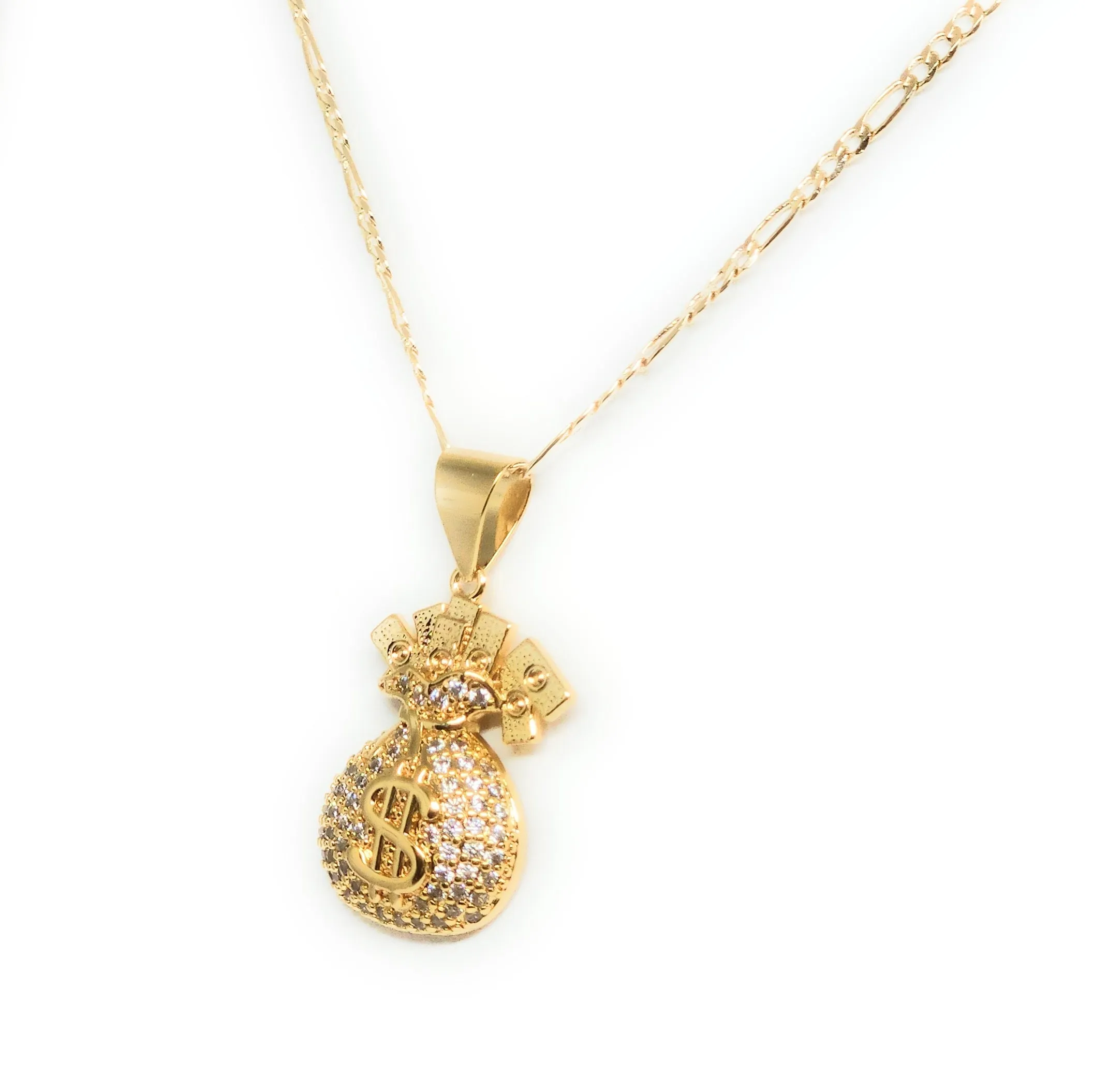 Gold Plated Iced Out CZ MONEY BAG BILLS Pendant 24 FIGARO Chain