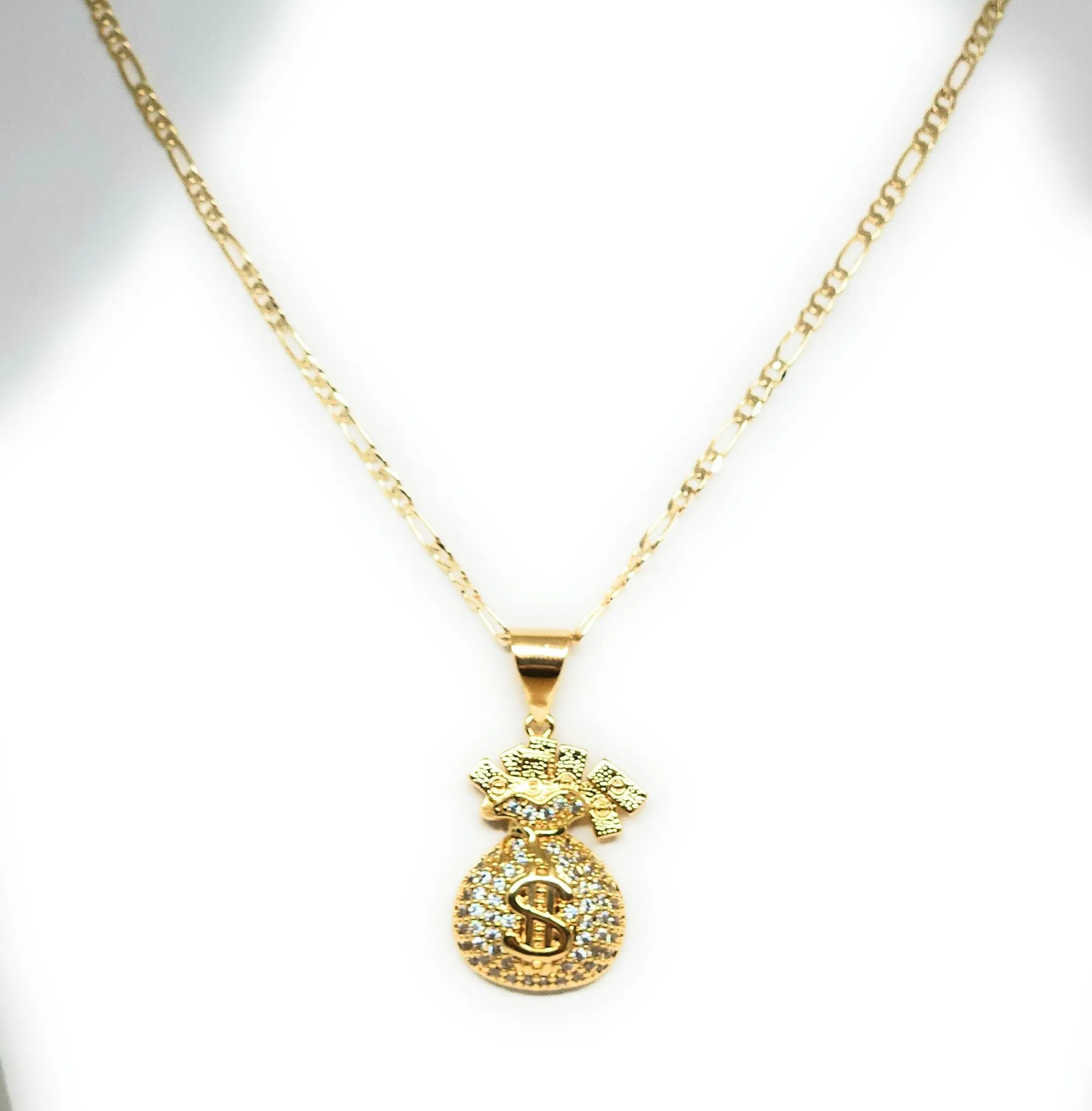 Gold Plated Iced Out CZ MONEY BAG BILLS Pendant 24 FIGARO Chain