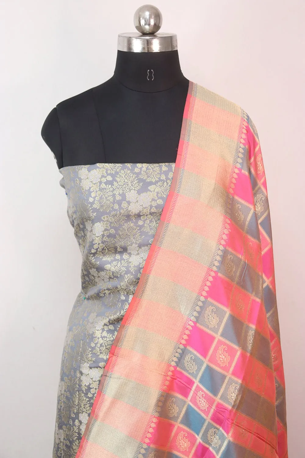 Grey Banarasi Brocade Silk Suit With Multicolor Handloom Banarasi Pure Katan Silk Dupatta