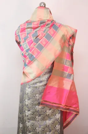 Grey Banarasi Brocade Silk Suit With Multicolor Handloom Banarasi Pure Katan Silk Dupatta