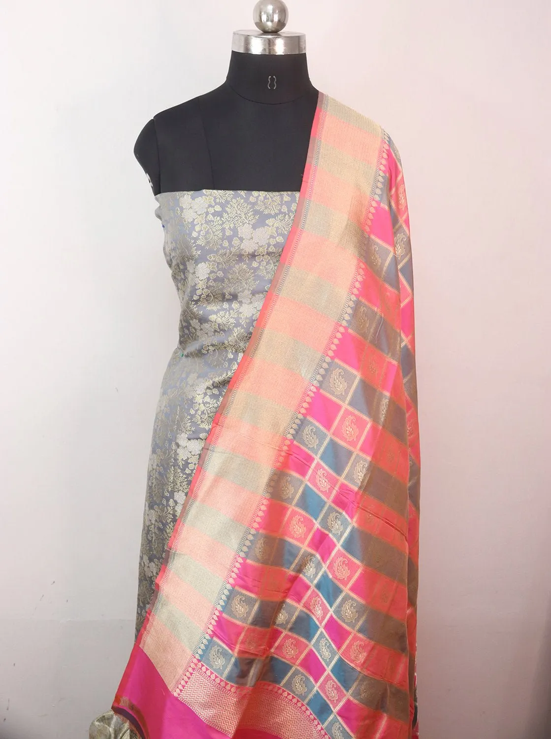 Grey Banarasi Brocade Silk Suit With Multicolor Handloom Banarasi Pure Katan Silk Dupatta