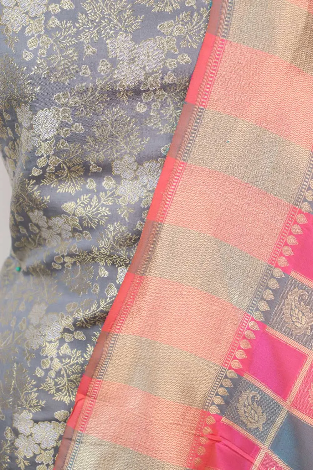 Grey Banarasi Brocade Silk Suit With Multicolor Handloom Banarasi Pure Katan Silk Dupatta