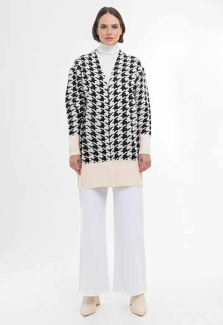 Houndstooth Pattern Ribbed Details Open Winter Cardigan