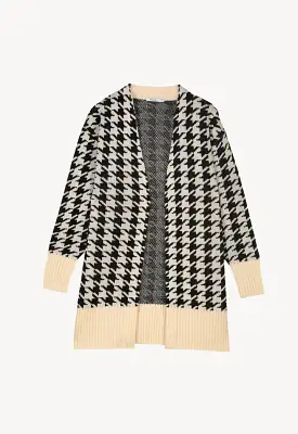 Houndstooth Pattern Ribbed Details Open Winter Cardigan