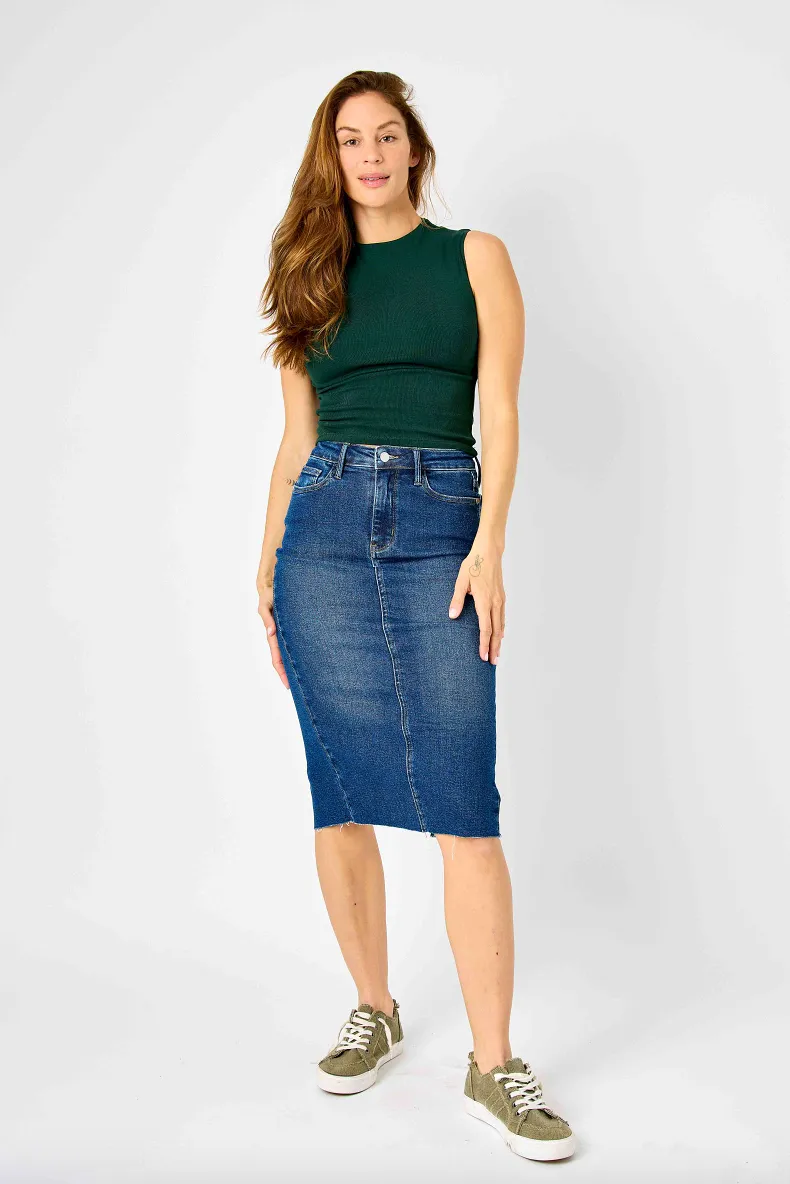 Judy Blue Denim Back Slit Raw Hem Skirt