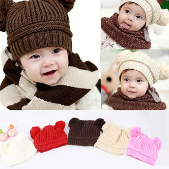 Kids Baby Warm Crochet Hats Knitted Two Balls Beanies Knit Sweater Cap Earflap Hat SM6