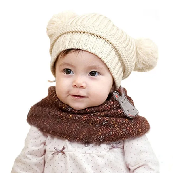 Kids Baby Warm Crochet Hats Knitted Two Balls Beanies Knit Sweater Cap Earflap Hat SM6