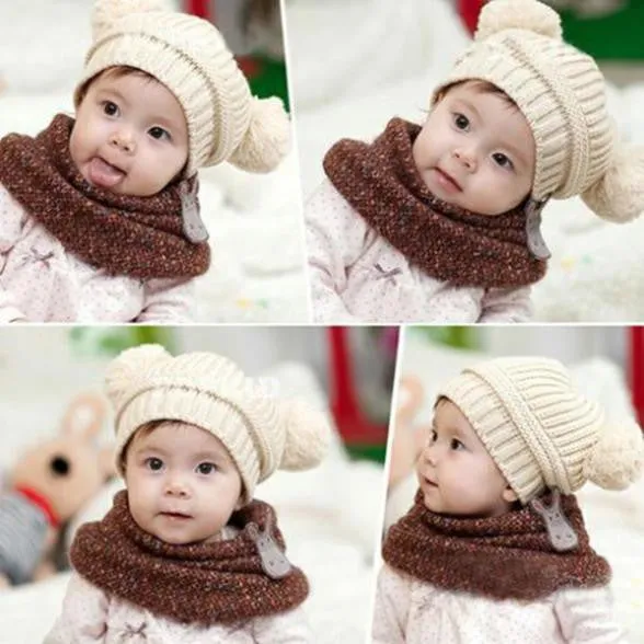 Kids Baby Warm Crochet Hats Knitted Two Balls Beanies Knit Sweater Cap Earflap Hat SM6