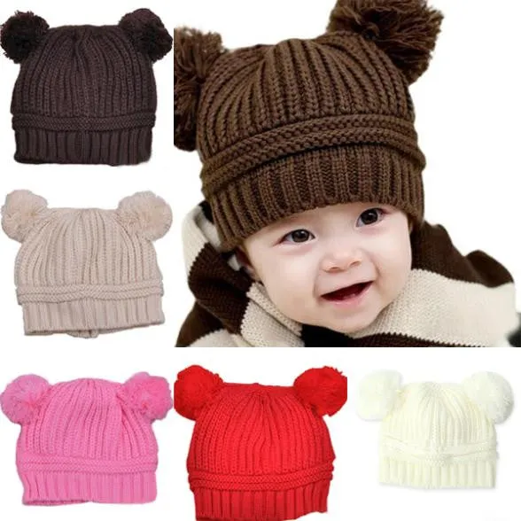 Kids Baby Warm Crochet Hats Knitted Two Balls Beanies Knit Sweater Cap Earflap Hat SM6