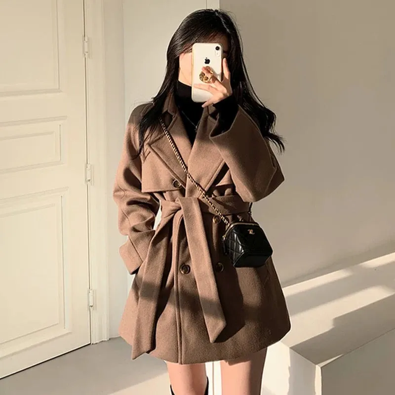 Korean chic autumn and winter French temperament suit collar tie waist slim long sleeve small woolen coat jacket