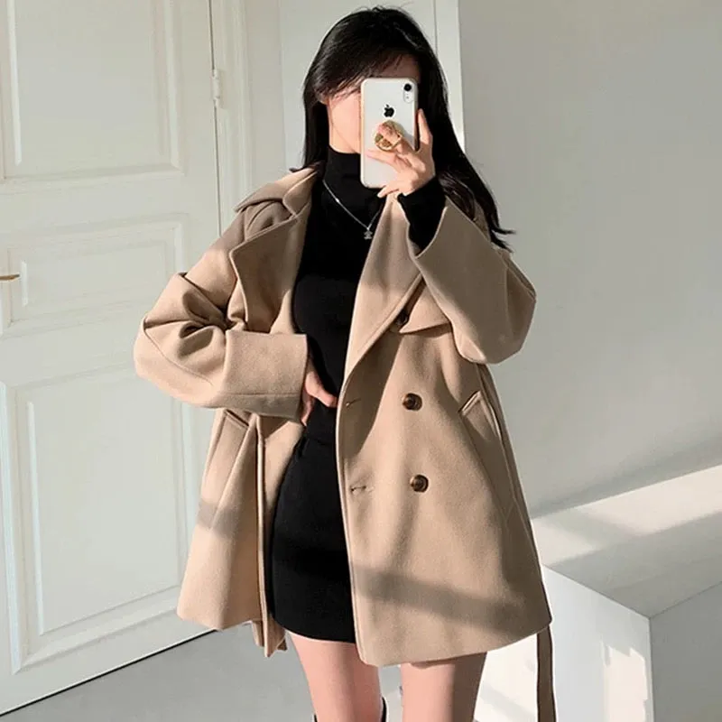 Korean chic autumn and winter French temperament suit collar tie waist slim long sleeve small woolen coat jacket