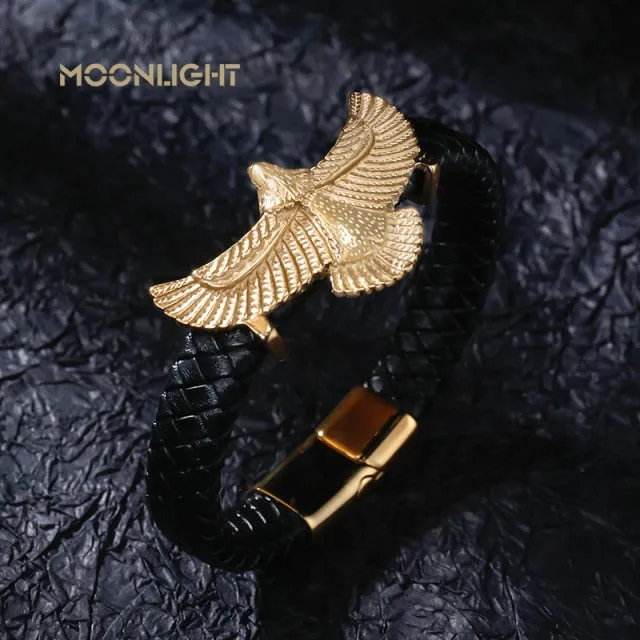 Luxury Leather Gold IP Plated Stainless Steel Eagle Bracelet