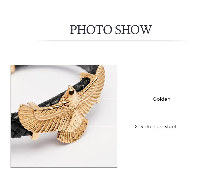 Luxury Leather Gold IP Plated Stainless Steel Eagle Bracelet