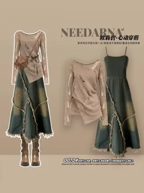 Maillard Western Denim Dress Early Autumn Women's Wear Northwest Travel Wear Suspender Skirt Suit Long Skirt