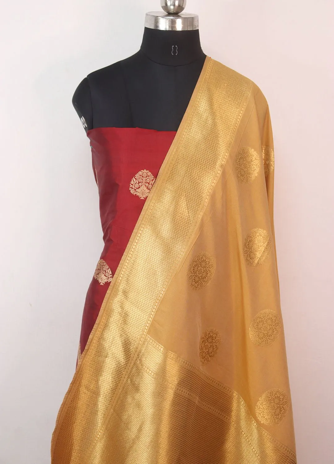 Maroon Banarasi Pure Katan Silk Suit With Cream Banarasi Silk Dupatta