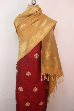 Maroon Banarasi Pure Katan Silk Suit With Cream Banarasi Silk Dupatta