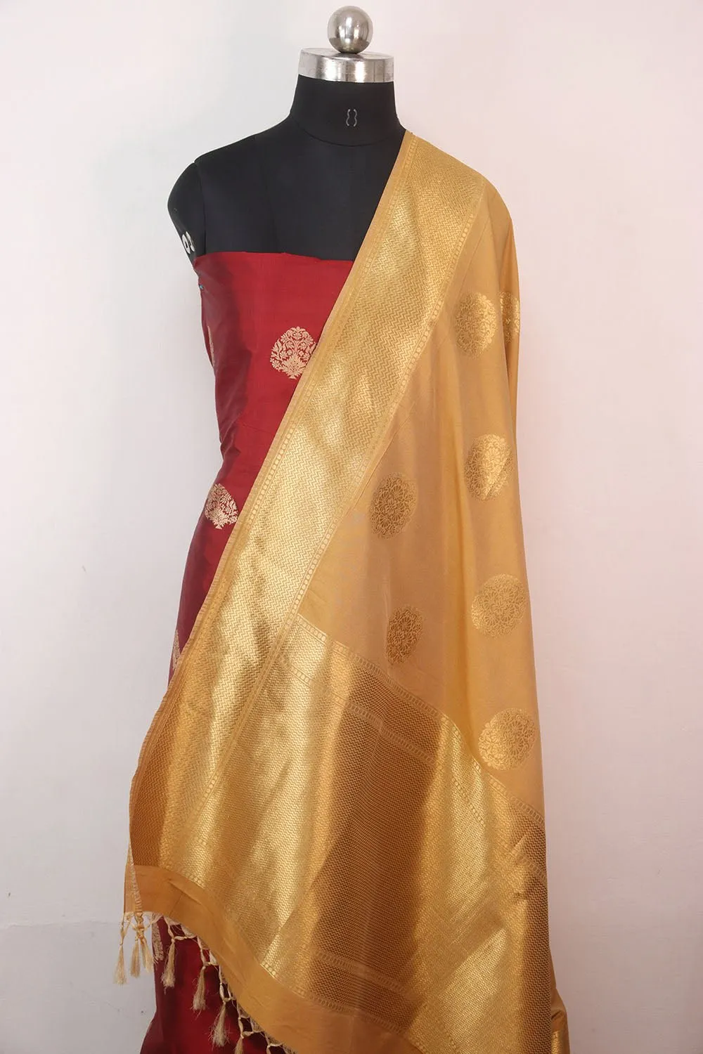 Maroon Banarasi Pure Katan Silk Suit With Cream Banarasi Silk Dupatta