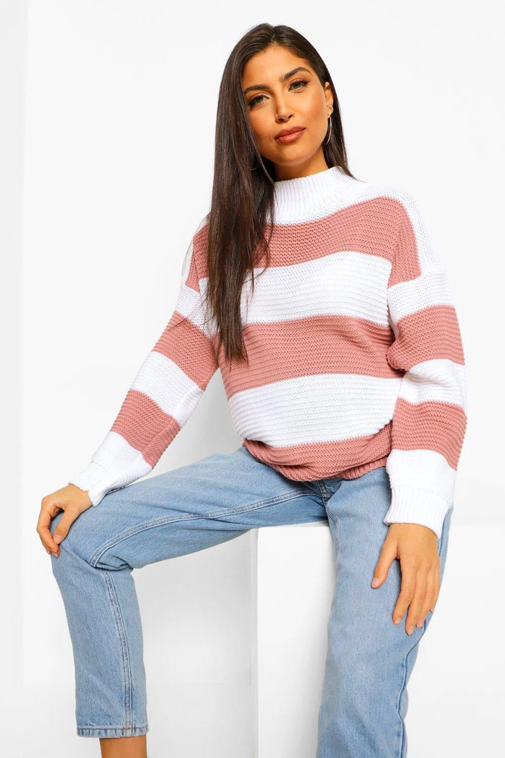 Maternity High Neck Striped Sweater