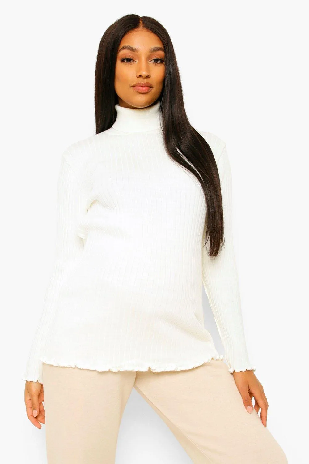 Maternity Lettuce Hem High Neck Sweater