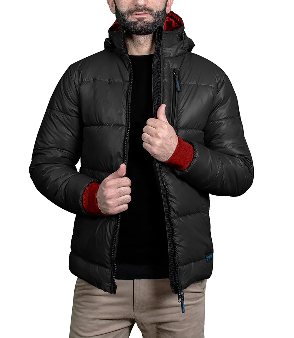 Men's Black Hooded Puffer Jacket - Winter Outerwear