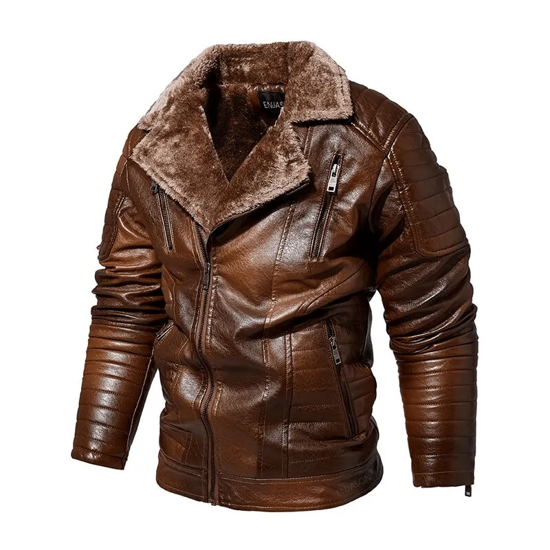 Men's Fur Collar Thicken Leather Jacket / Pockets Zipper Warm Jackets / Windproof Outerwear Clothing