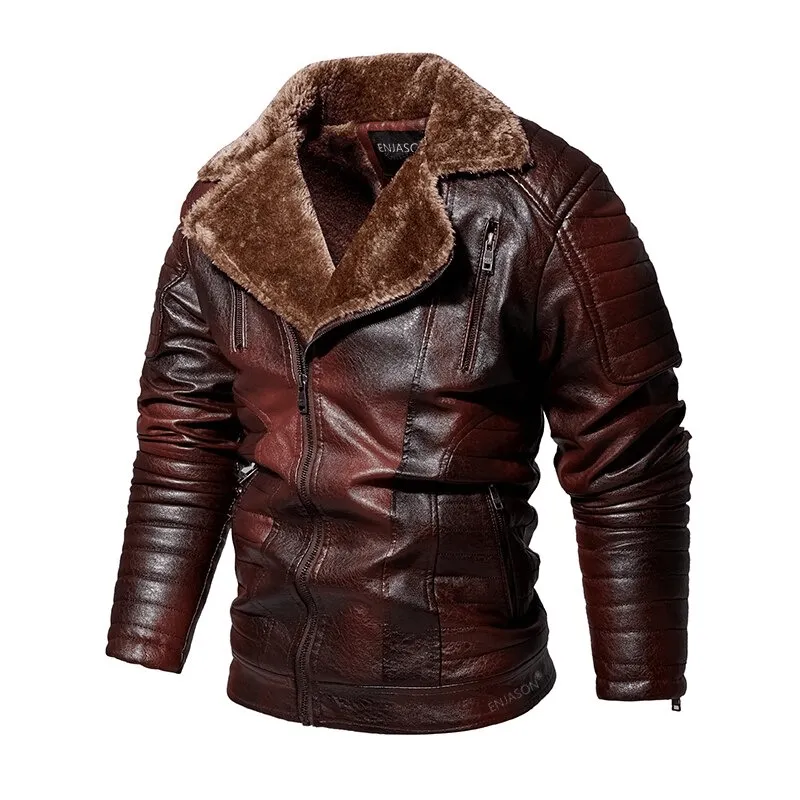 Men's Fur Collar Thicken Leather Jacket / Pockets Zipper Warm Jackets / Windproof Outerwear Clothing